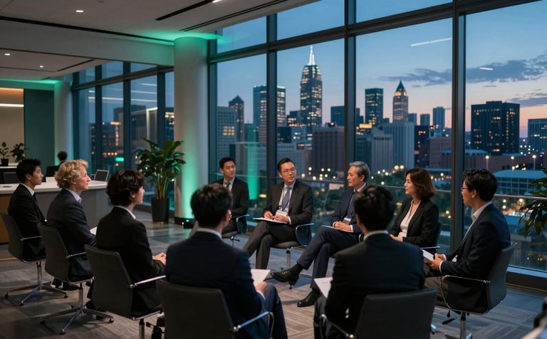 An elegant professional seminar held in a modern, glass-enclosed space overlooking a North American city skyline at dusk. Deep indigo and teal lighting accents. High-end, premium atmosphere focused on learning and leadership.