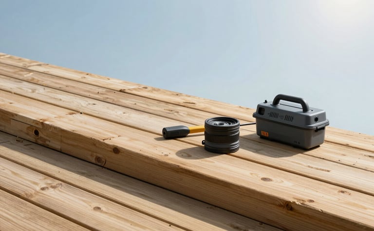 A light demolition project featuring the orderly removal of an old wooden deck. The scene is clean and professional, with tools neatly arranged. The lighting is crisp afternoon sun. Colors include the natural wood, a soft sky blue background, and dark slate grey professional equipment.