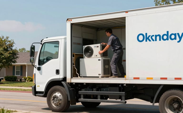A professional junk removal scene in Oklahoma City. A clean white truck is parked on a suburban street. A worker wearing a dark slate grey uniform is efficiently loading a discarded appliance. The lighting is bright and clear, emphasizing a stress-free and streamlined process. Accents of soft sky blue are visible in the sky and professional branding.