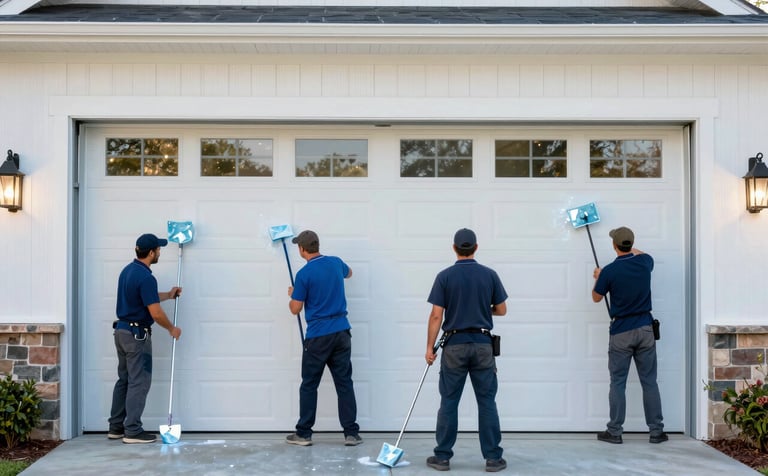 A large, double-car garage being cleared by a professional team. The space is transitioning from cluttered to clean and organized. The lighting is bright ice blue and crisp off-white, showing a professional and efficient cleaning process in a premium Oklahoma home.