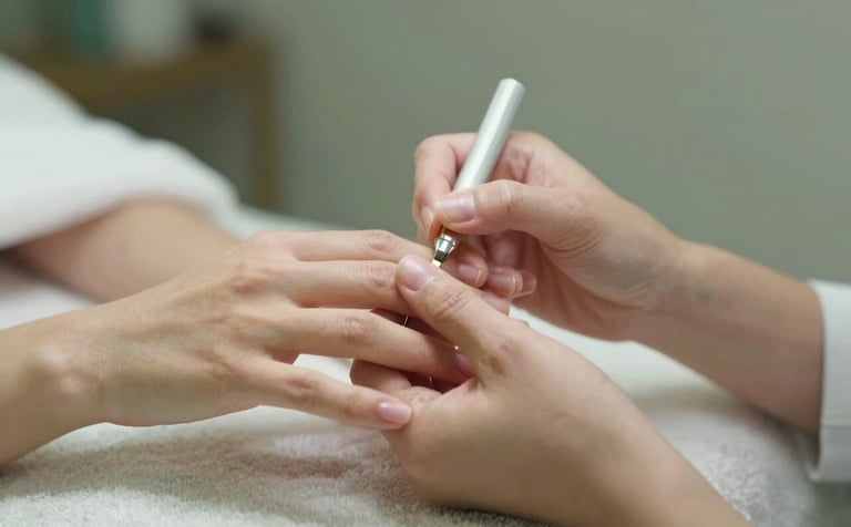 Close-up of a professional manicure process. The hands are elegant, with a soft focus background of a spa setting. Colors of #B4C4C3 and #F5F9F8 are present in the towels and surroundings. High-quality lighting suggesting luxury and care.