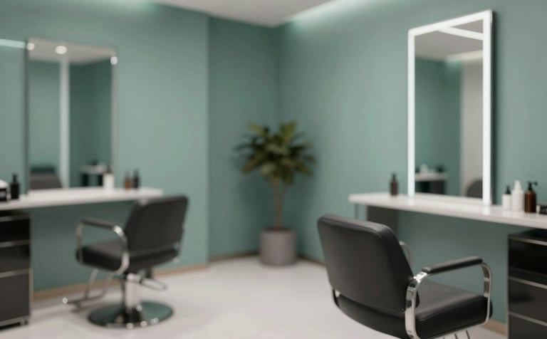 A sophisticated hair salon interior with modern minimalist furniture. A high-end stylist chair is in focus. The lighting is soft and tranquil, incorporating muted teal (#607D7D) and sage (#B4C4C3) accents in the decor. Professional and clean atmosphere.