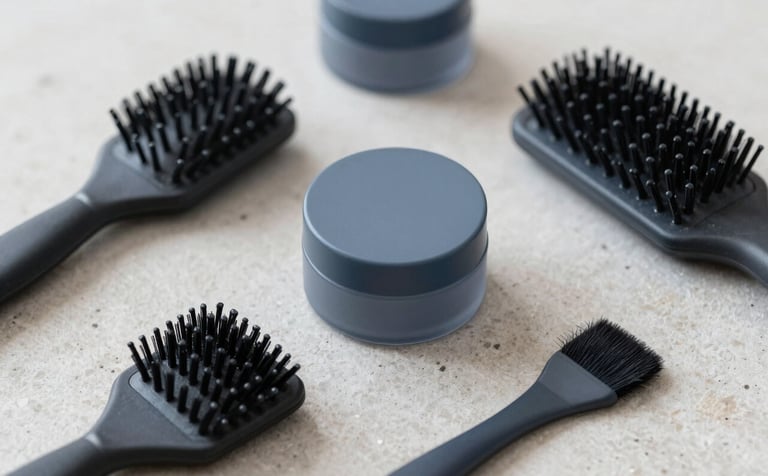 A flat lay of professional beauty and hair tools on a stone surface. Incorporates elements of #2F3E3D and #607D7D. The style is modern, trustworthy, and evokes high-end credibility.