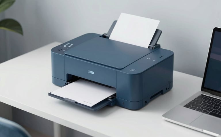 A clean, high-angle shot of a modern compact home printer sitting on a white desk with a laptop nearby. The lighting is soft and professional, incorporating a clean modern aesthetic with subtle accents of #415A77 and #1B263B in the office decor.