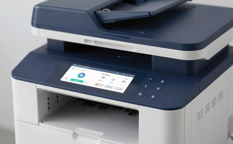 A close-up of a high-end office multifunction printer showing its sleek interface. The composition is professional and sharp, with a focus on ease of use. The color palette uses deep navy #0D1B2A and off-white #E0E1DD to suggest reliability.