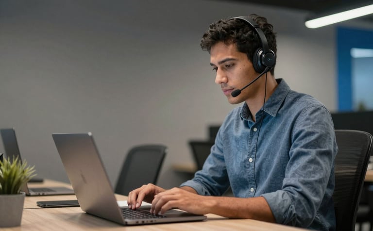 A focused professional in a modern South American / Brazilian coworking space wearing a headset, working on a laptop with data charts visible. The lighting is professional and clean, with slate grey and blue accents.