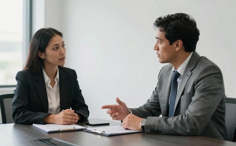 Two business professionals in a South American / Brazilian corporate meeting room discussing sales strategy at a conference table, bright and airy space, slate grey and white color palette, professional attire.