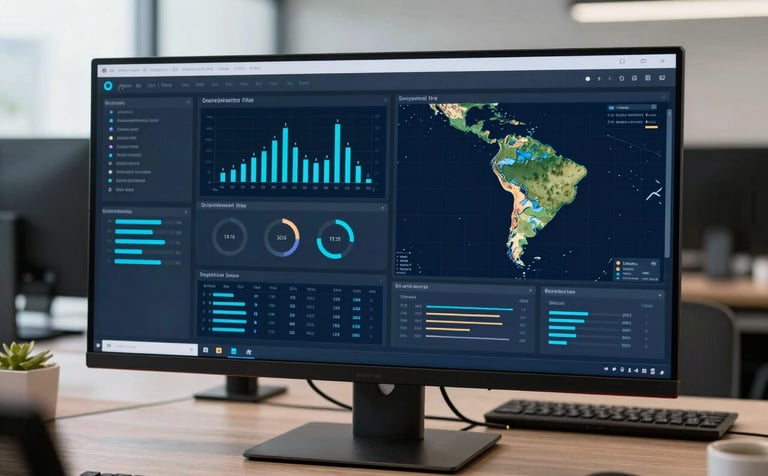 A high-tech dashboard displayed on a clean monitor in a modern South American / Brazilian office. The interface shows charts and maps in dark blue and cyan colors. Professional atmosphere with soft natural lighting.
