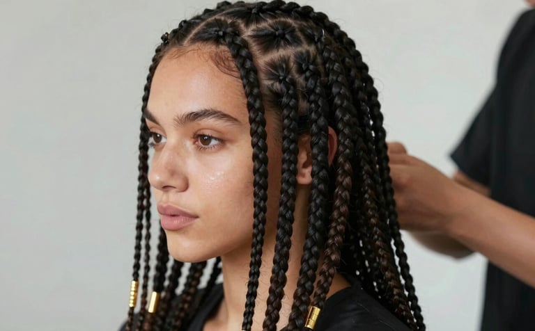 A close-up of a woman with long, sleek dark box braids with golden accessories. The lighting is soft and professional, set against a clean background with hints of #AEC0BB. The image conveys modern elegance and the intricate, high-quality work of a professional braider.