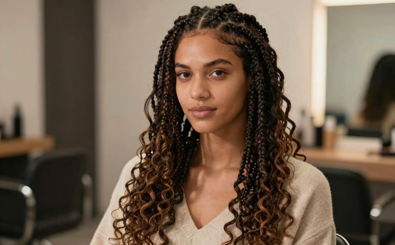 A high-fashion shot of a woman wearing Gypsy Braids with loose, curly ends. She is dressed in soft textures that complement the brand palette. Lighting is warm and inviting, emphasizing the texture and length of the braids. Professional braiding studio vibe.