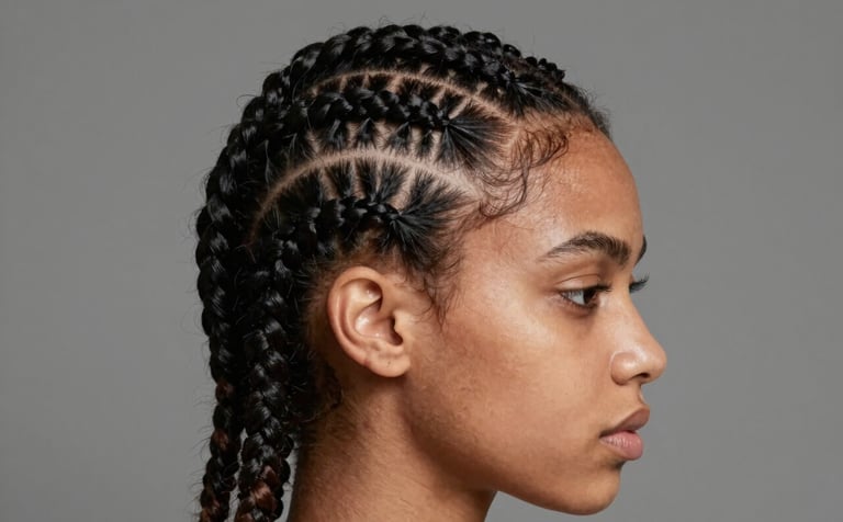 Stylized Nagô cornrows in a geometric pattern on a model's head. Professional studio lighting highlights the sharp partings and precise technique. The mood is sophisticated and artistic, incorporating tones like #4A6B6A in the background or styling.