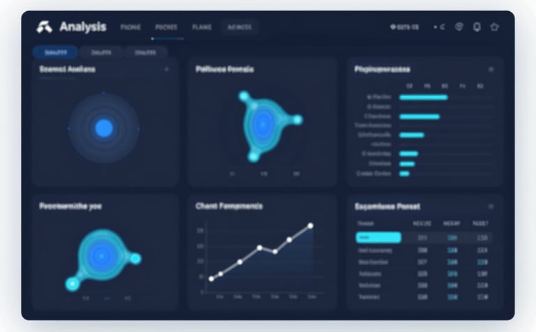 An advanced competitor analysis dashboard with heatmaps, bubble charts, and brand comparison matrices. The UI is dark-themed with #0A1E37 and #1A1A1A, featuring elegant neon-blue and white data points. Professional, data-heavy but clean aesthetic.