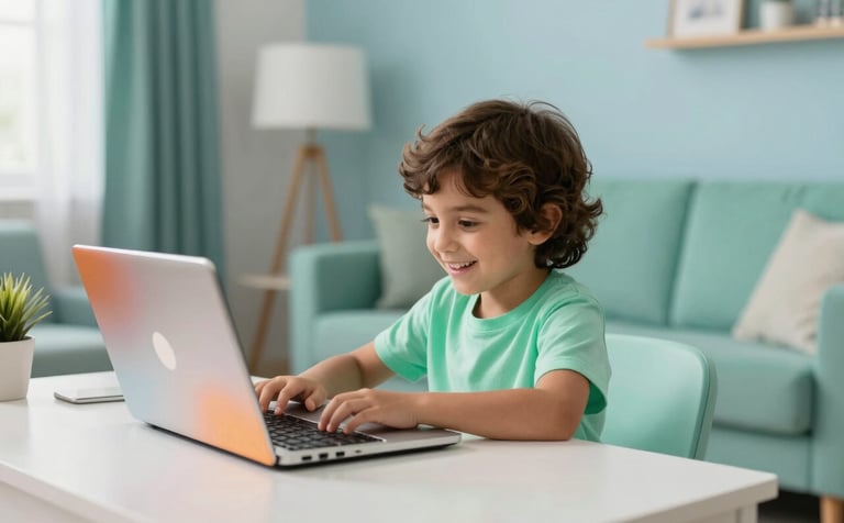 A cheerful young child in a modern Middle Eastern home environment, sitting at a clean white desk using a colorful laptop. Soft, natural morning light fills the room. Professional photography, vibrant and inviting mood, featuring elements of mint green and soft blue in the decor.