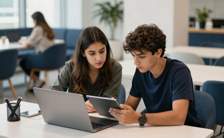 Two focused teenagers in a bright, contemporary co-working space in a Gulf city, collaborating over a tablet and a sleek laptop. The atmosphere is energetic and academic. High-end photography, sharp focus, with accents of dark blue and off-white in the modern furniture.
