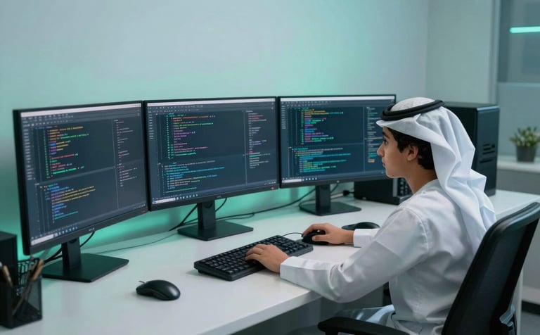 A wide shot of a tech-savvy teenager in a high-tech home office in Riyadh, with multiple monitors showing code. The lighting is cool-toned with soft blue and mint green accents. Professional photography, capturing a sense of ambition and future-readiness.