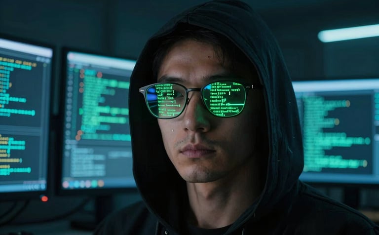A cinematic close-up of a hooded figure in a dark room, with glowing neon green lines of complex computer code reflected in the lenses of their spectacles. The setting is high-tech and moody, Global / International context, illuminated by the soft cyan light of multiple invisible monitors.