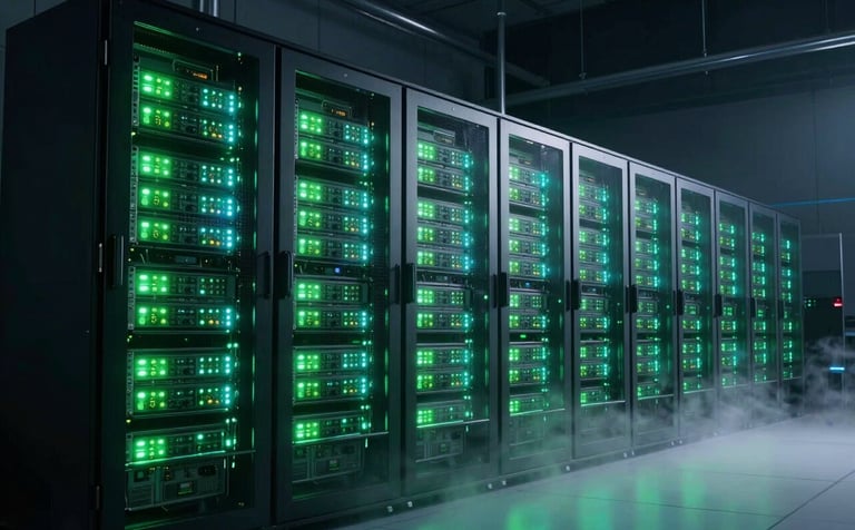 A wide shot of a futuristic server farm at night, with rows of hardware cabinets glowing with vibrant neon green and cyan status lights. The atmosphere is cold and mysterious, with light fog on the floor, suggesting a high-security data fortress in a Global / International metropolitan area.