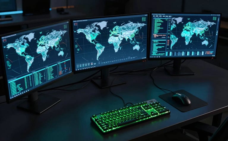 A high-angle photograph of a sleek workstation in a dark room. Three large monitors show a glowing digital world map and streaming matrices of cyan data. A mechanical keyboard glows neon green. Professional, high-tech vibe, Global / International setting.