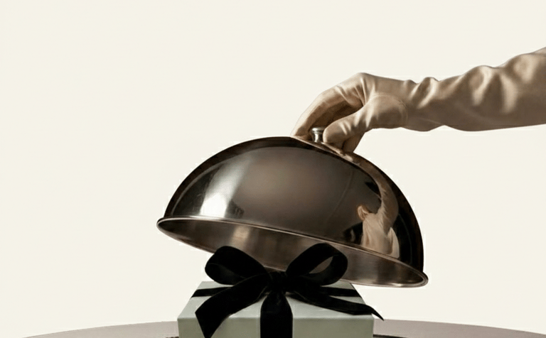 Mano enguantada levanta una campana de plata para revelar una caja de regalo de lujo con un lazo.
