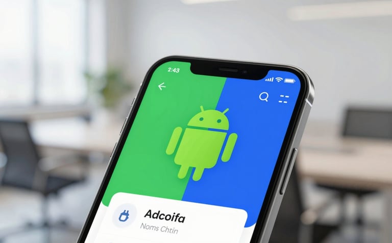 A close-up of a modern smartphone displaying a clean, professional Android interface with vibrant green and deep blue elements. The background is a slightly blurred, bright office setting, reflecting an innovative and user-friendly vibe.