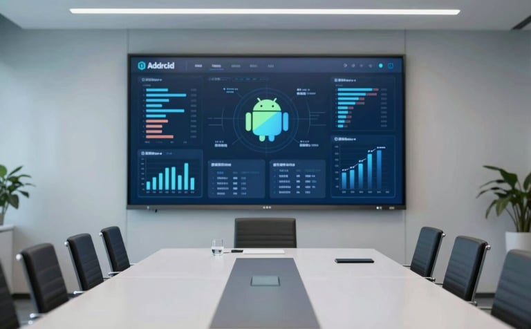 A wide shot of a professional boardroom with a large screen displaying complex data analytics on an Android-based enterprise platform. The lighting is cool and sophisticated, featuring #F5F6F7 and #8FA39A highlights.