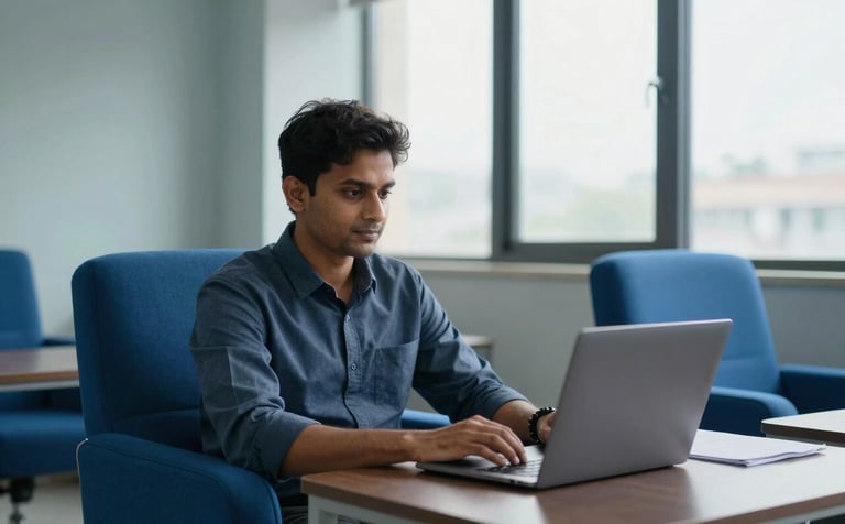 A professional in a modern South Asian / Indian office environment, royal blue furniture accents, soft natural lighting from a large window, using a laptop with a focused and empowered expression, pale mist colored walls.