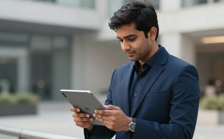 A young professional reviewing job matches on a high-tech tablet in a modern South Asian / Indian urban setting, wearing a deep midnight blue professional attire, clean composition with soft bokeh background.