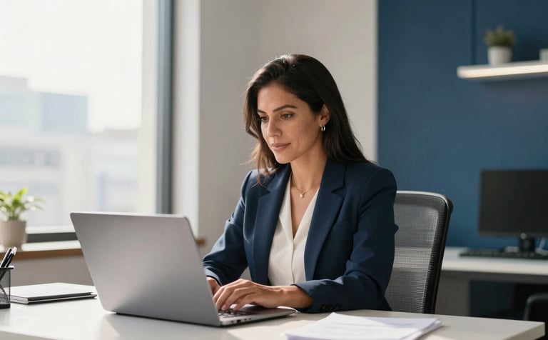 Photography of a professional Latin American woman in a bright, modern office in Mexico City, sitting at a clean desk using a laptop. Soft natural sunlight through a window, focus on the laptop and her confident expression. Palette includes navy blue and off-white accents in the interior design.