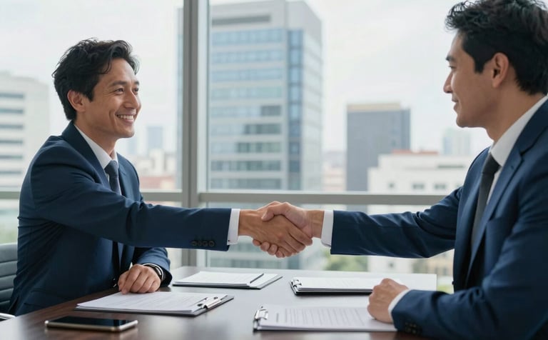A professional business meeting in a modern office in Lima. Two professionals are shaking hands firmly over a dark navy desk. A large window in the background reveals the San Isidro business district. The atmosphere is trustworthy and corporate, featuring royal blue and soft white tones.