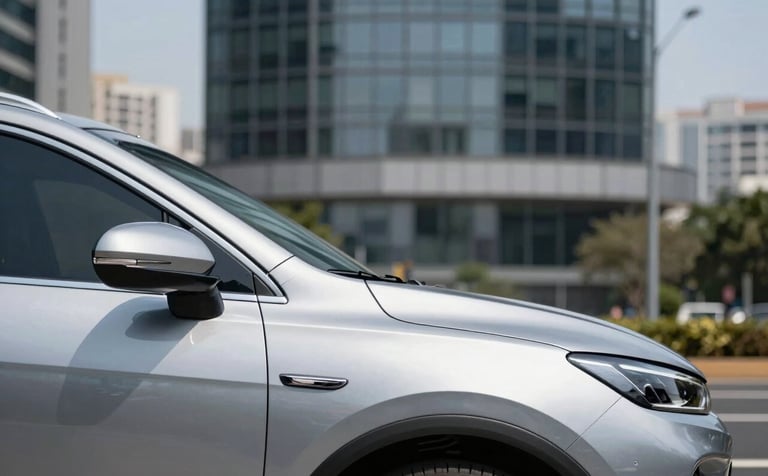 A clean, professional close-up of a modern silver vehicle parked in a contemporary Peruvian urban setting. The background shows a blurred high-end office building under a clear sky. The lighting is crisp, highlighting the car's sleek lines, conveying safety and premium protection.