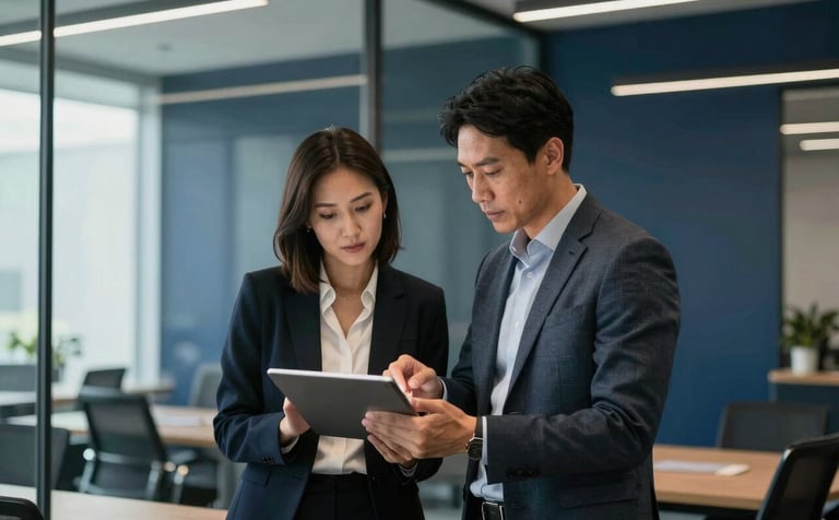 Two professionals collaborating in a modern, glass-walled meeting space in a North American corporate setting. They are reviewing data on a tablet, dressed in professional attire, with a background of a sleek, dark blue wall.