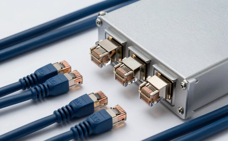 Professional studio shot of high-quality telecommunications hardware including copper coaxial cables, Cat7 ethernet cables, and LNBs. The composition is organized and technical, using a palette of midnight blue and mist gray to evoke reliability.