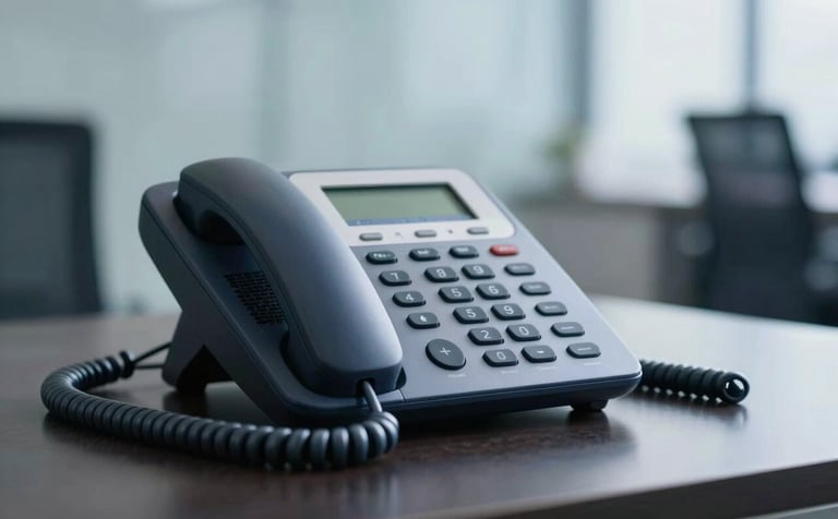 A high-quality, professional still life of a modern office telephone on a dark polished surface, with soft light reflecting off its sleek buttons. The background is an elegant, blurred office interior. The composition is sophisticated and minimalist, highlighting reliability and trust with navy and light blue tones.