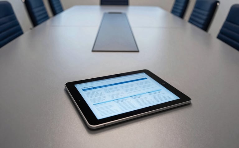 A wide-angle interior photograph of a high-end boardroom in Curitiba, Brazil. The setting features a clean table with a single digital tablet displaying a report. The lighting is professional, emphasizing Midnight Blue and Silver tones, reflecting strategic planning.