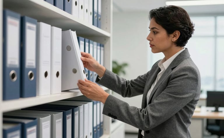A professional in South American business attire organizing document binders on a shelf in a bright, modern corporate office. The colors Clouds white and Wet Asphalt gray dominate the scene, highlighting a sense of order and professional dedication.