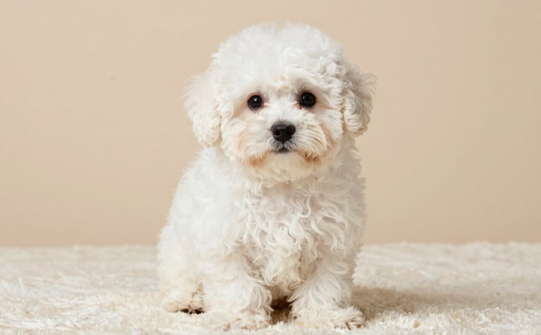 A studio-style photography portrait of a fluffy white Bichón Maltés puppy with dark expressive eyes. The puppy is sitting on a soft off-white textured rug. The background is a clean, warm beige wall. Soft, diffused lighting creates a serene and elegant atmosphere.