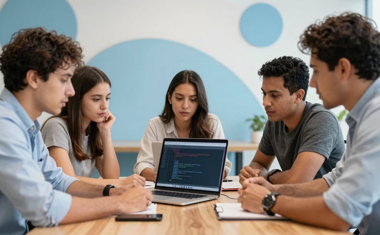 A diverse team of South American / Venezuelan developers collaborating around a wooden table in a high-tech office. They are looking at a laptop displaying lines of code. The environment is bright and innovative, with Soft Sky Blue decorative elements.