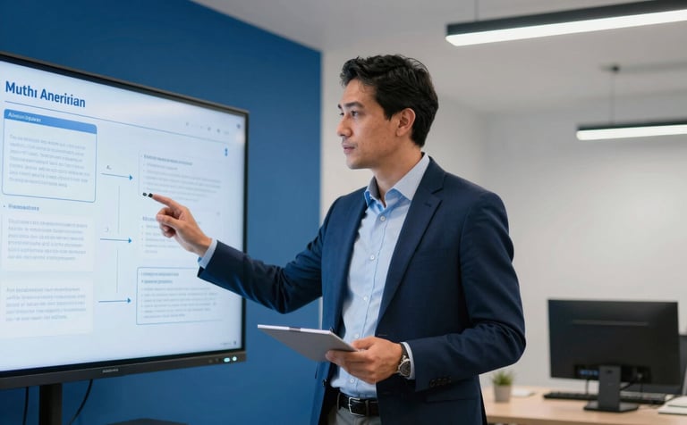 A professional South American / Venezuelan IT consultant in a sharp business casual outfit, presenting a strategy on a screen in a modern office. The room features Imperial Blue accents and clean Icy White walls, with soft, professional lighting.