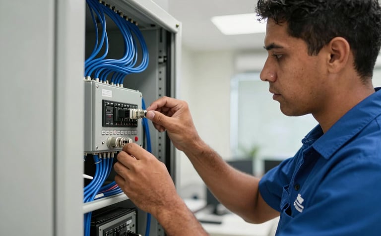Close-up of a professional technician in a branded uniform working on a telecommunications panel in a bright South American / Venezuelan business district office. The lighting is crisp and highlights the Imperial Blue wires and equipment.