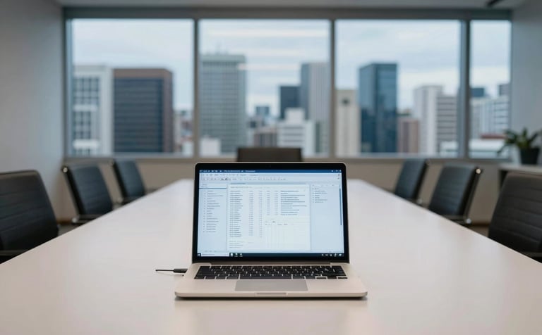Wide shot of a sophisticated Brazilian boardroom with a panoramic view of a metropolitan skyline. On the table sits an open laptop displaying organized data spreadsheets. The setting communicates authoritative administrative expertise and strategic growth. Colors are slate blue and off-white.