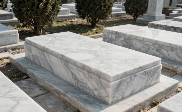 A high-angle professional photograph of a pristine, white marble grave in an Istanbul cemetery. The surroundings are clean, with dark green trees in the background and soft morning sunlight. The focus is on the cleanliness and respectful maintenance of the site.