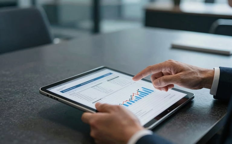 Close-up of a consultant's hands gesturing toward a financial planning spreadsheet on a tablet. The background is a blurred high-end corporate office with dusty slate and charcoal blue tones.