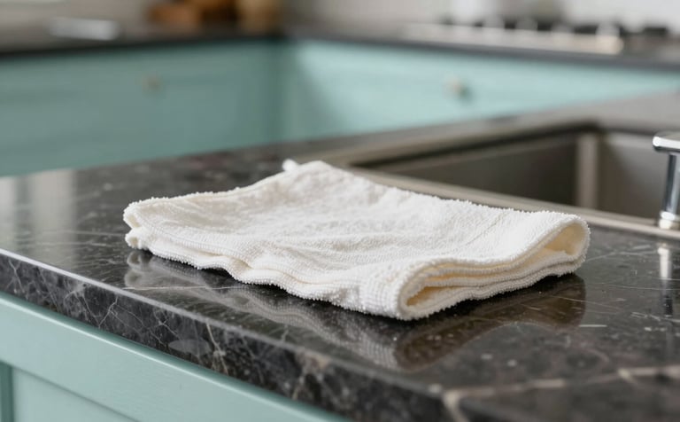 A close-up of a high-end North American kitchen with light aqua decor. A soft off-white microfiber cloth is seen polishing a dark marble countertop to a high-gloss shine. The scene is bright, airy, and conveys a feeling of meticulous cleanliness.