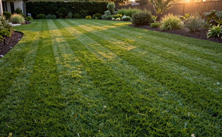 A perfectly manicured emerald green lawn of a North American estate with distinct, professional mowing lines. The landscape includes healthy garden beds with dark mulch, captured in the warm, soft light of a golden hour sunset.