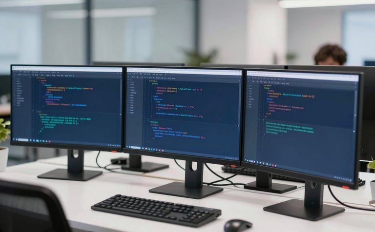 A high-tech workspace showing a clean software development environment with multiple monitors displaying lines of code. The lighting is crisp and modern, featuring a color palette of #3D5A7F and #E8EFF8 to match the brand's innovative mood.