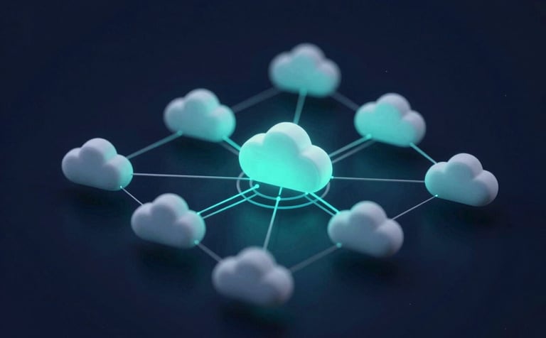 An abstract 3D visualization of cloud nodes and interconnected data lines representing server infrastructure. Glowing accents in #8FAACF and #E8EFF8 against a deep #0E1A2C background convey security and high-speed efficiency.