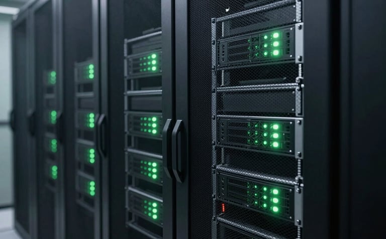A sleek, modern server cabinet in a professional data center, glowing with soft light green LED indicators. The composition is clean and technical, shot with a shallow depth of field in a Winchester, Virginia facility. The atmosphere is reliable and modern, reflecting North American / US (West Virginia / Virginia) technological standards.