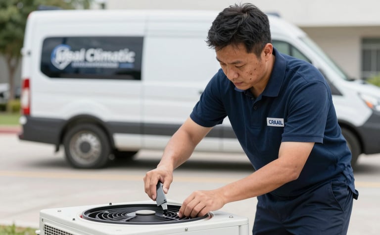 An action shot of an emergency HVAC repair service. A professional van with the Ideal Climatic logo is visible in the background, out of focus. The scene conveys speed and reliability. Color tones of #1B2A3D and #AABCCF dominate the professional atmosphere.