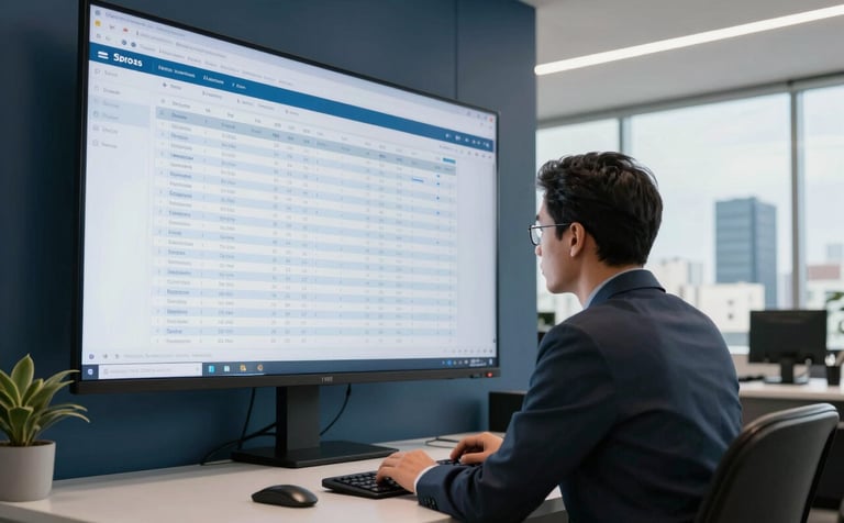 Professional photography of a modern administrative office in a South American / Brazilian city. A professional is focused on a large screen displaying organized data lists. The environment is clean and brightly lit, with interior design elements in Dark Slate Blue and Muted Ocean Blue.