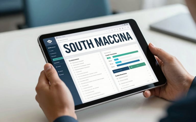 High-quality photography of hands using a modern tablet in a South American / Brazilian professional setting. The tablet displays a clean, bold management interface. Background is a blurred, minimalist office with Muted Ocean Blue and Clean Off-White tones.